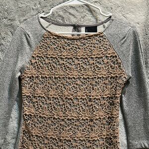 Women’s Dolan Tan Lace Overlay on Gray Tunic Top. 3/4 sleeve, Button closure

1-
